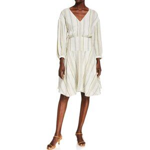 ATM Women Multi Striped Combo Linen Blend Midi Dress size 6 V-Neck Lagenlook